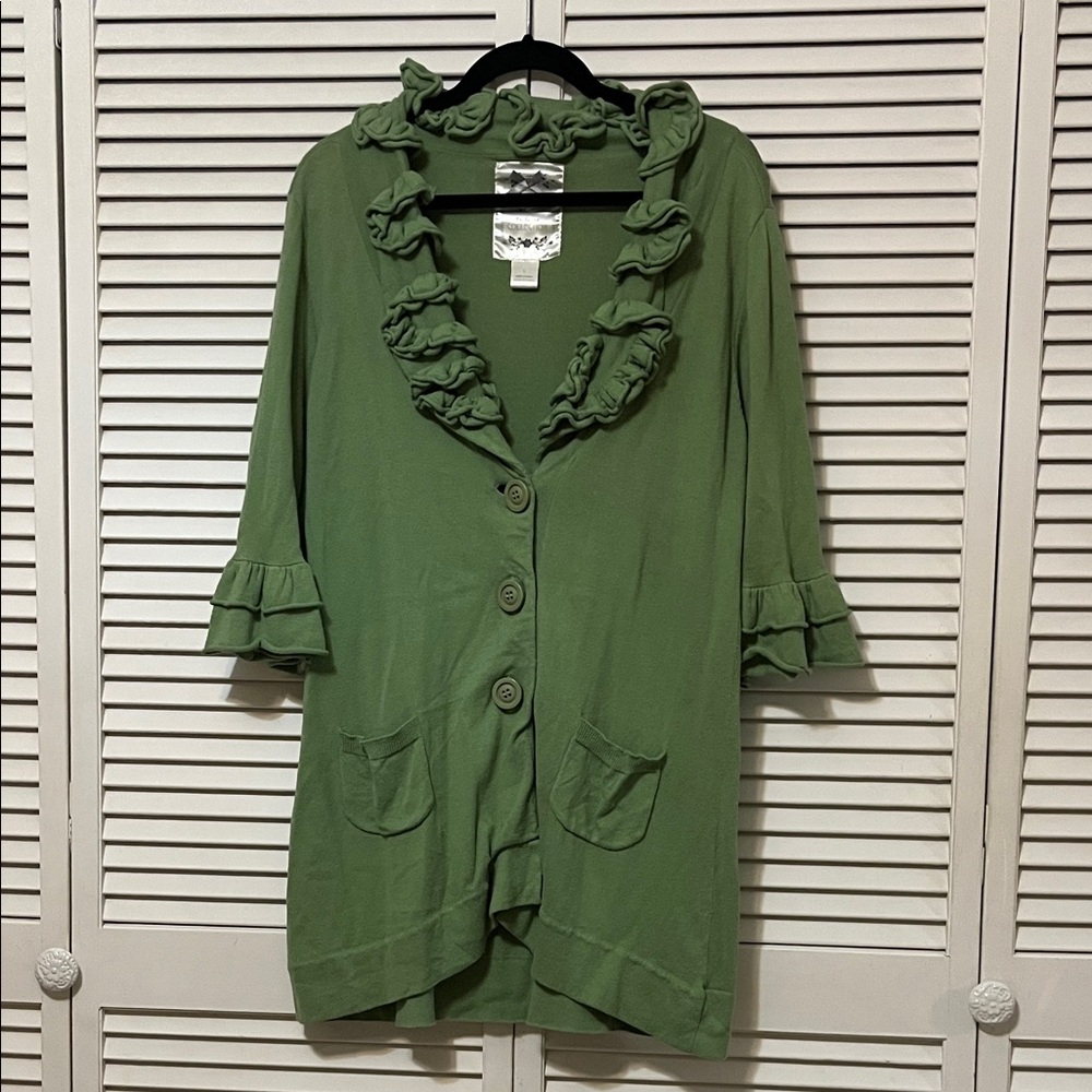 Green Ruffle-Trim Women's Sweater Cardigan